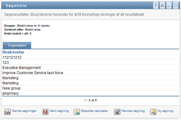 Siden Søgeliste viser kun resultater af gruppesøgninger under én fane