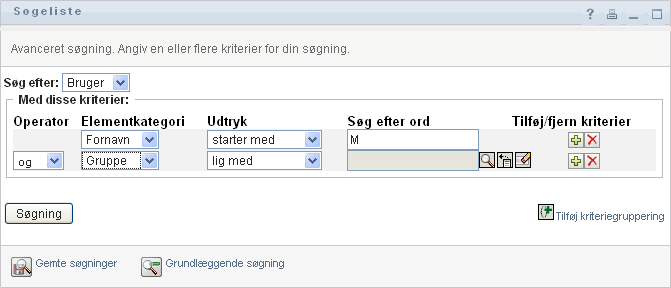 Angivelse af avancerede søgekriterier på siden Søgeliste
