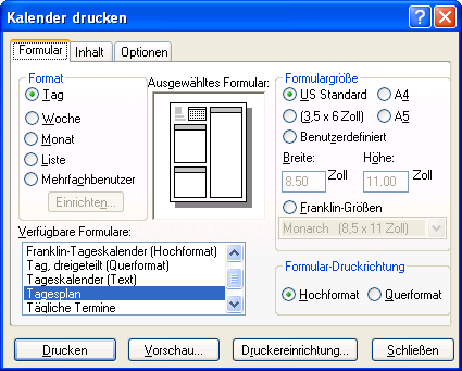 Dialogfeld "Kalender drucken"