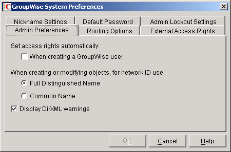 GroupWise System Preferences dialog box with the Admin Preferences tab displayed