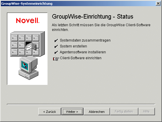 Seite �GroupWise-Einrichtung - Status: Client-Software einrichten�