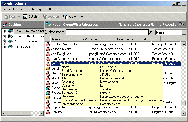 Adressbuch mit Informationen zu einem Benutzer