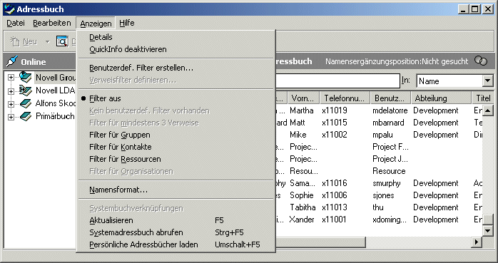 Adressbuch mit dem Men� 