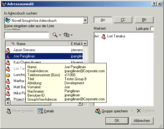 Adressauswahl mit Informationen zu einem Benutzer