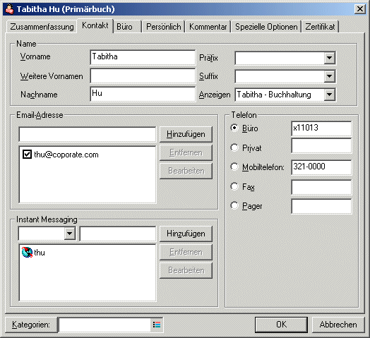 Kontakteigenschaften mit Register