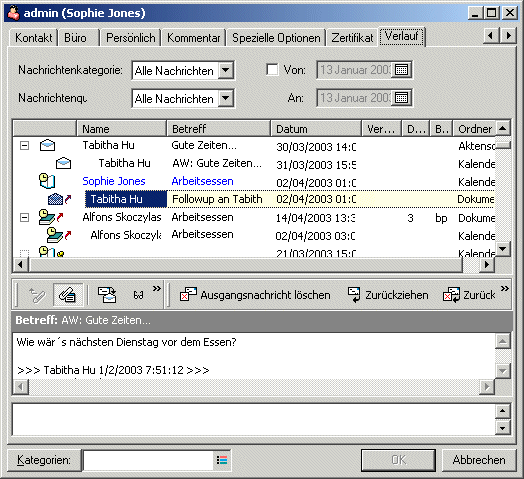 Kontakteigenschaften mit Register