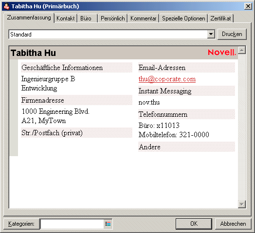 Kontakteigenschaften mit Register