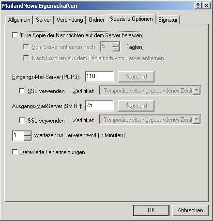 Dialogfeld f�r die Eigenschaften von Mail- und Neuigkeiten, Register 