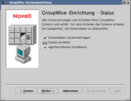Seite "GroupWise-Einrichtung – Status: System erstellen"