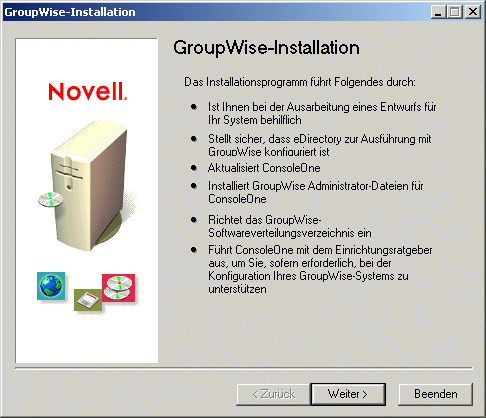 Seite "Willkommen bei der Installation von GroupWise"