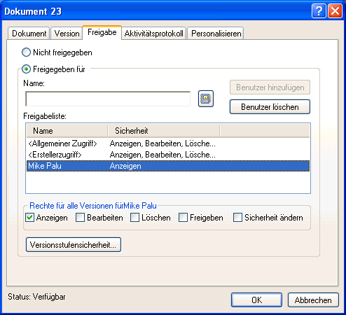 Dialogfeld "Dokumenteigenschaften", Register "Freigabe"