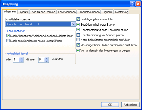 Dialogfeld "Umgebung", Register "Allgemein"