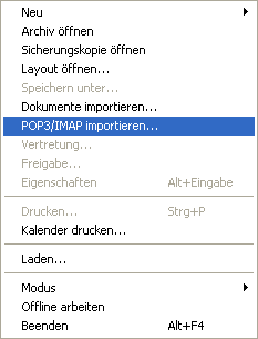 Layout "Mailbox", Option "Import POP3/IMAP" aus dem Men "Datei"