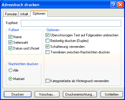 Dialogfeld "Adressbuch drucken", Register "Optionen"