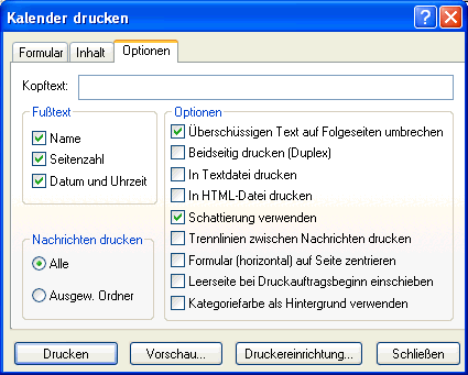Dialogfeld "Kalender drucken", Register "Optionen"