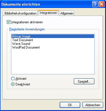 Dialogfeld "Dokumente einrichten", Register "Integrationen"