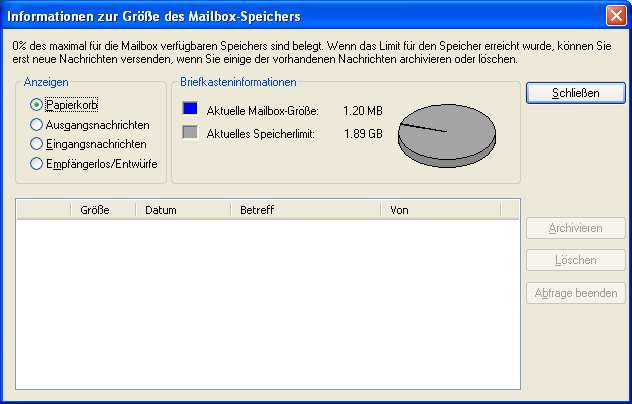 Dialogfeld "Informationen zur Größe des Mailbox-Speichers"