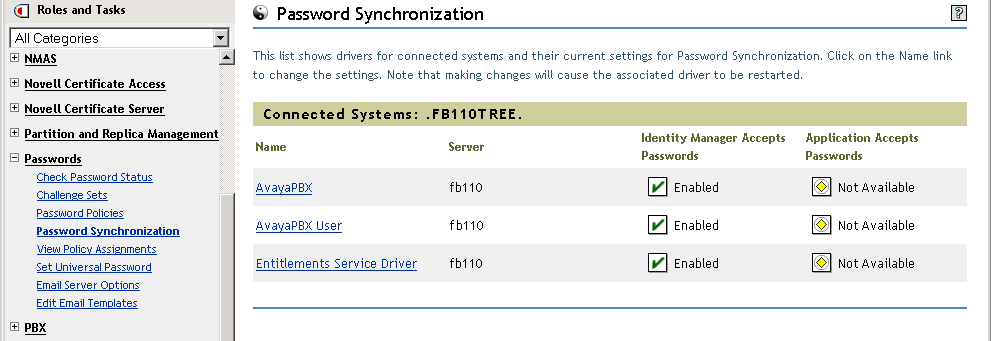 Beschreibung: Liste der verbundenen Systeme, aus der hervorgeht, ob der Passwort-Transfer zwischen Identity Manager und dem jeweiligen verbundenen System aktiviert ist