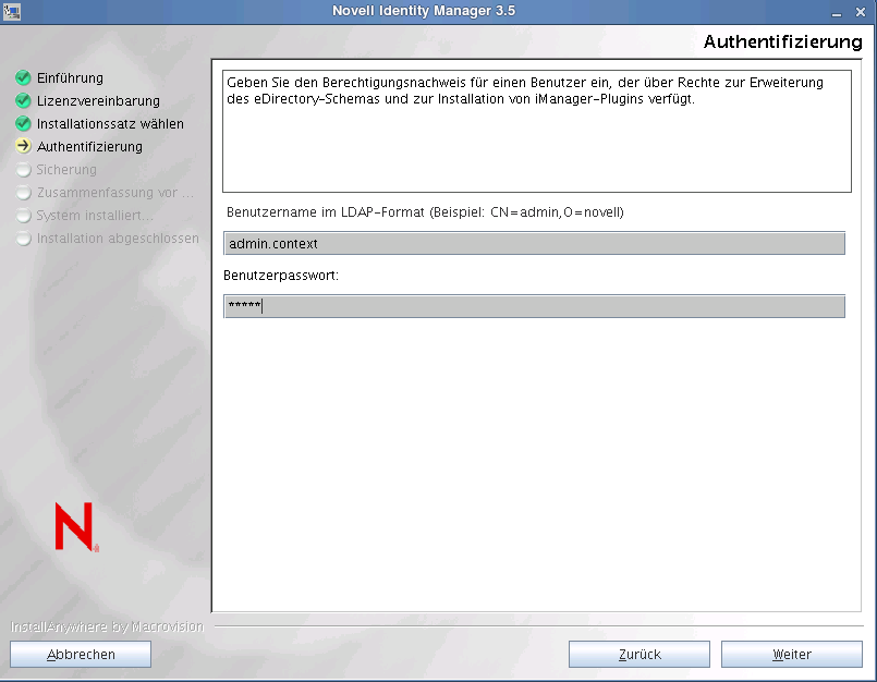 Eingabe des Passworts und des Benutzernamens im LDAP-Format