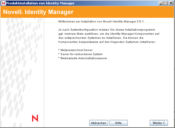 Produktinstallationsseite von Identity Manager