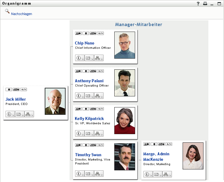 Das Organigramm der Benutzerin zeigt zwei Managementebenen oberhalb der Benutzerin an