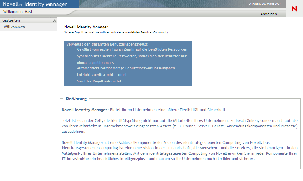 Begrüßungsseite für Gastbenutzer der Benutzeranwendung