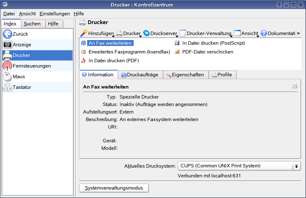 Vergleich zwischen Drucker- und Faxordner in Windows mit der Druckeransicht von Novell Linux Desktop