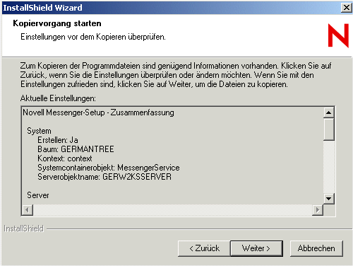 Dialogfeld �Installationszusammenfassung�