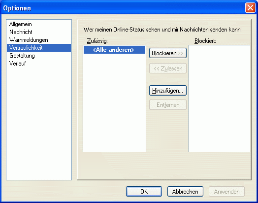Dialogfeld „Optionen“ mit der Seite „Vertraulichkeit“
