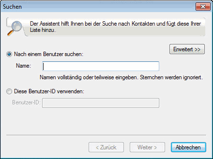 Dialogfeld zum Suchen von Kontakten