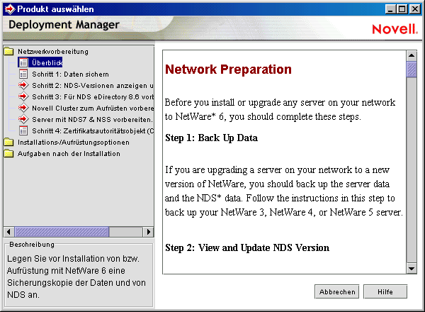 Hauptbildschirm von NetWare Deployment Manager