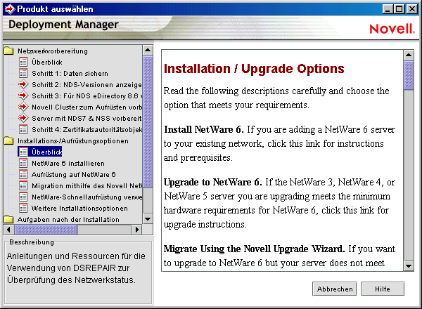 Bildschirm mit den Installations-/Aufr�stungsoptionen