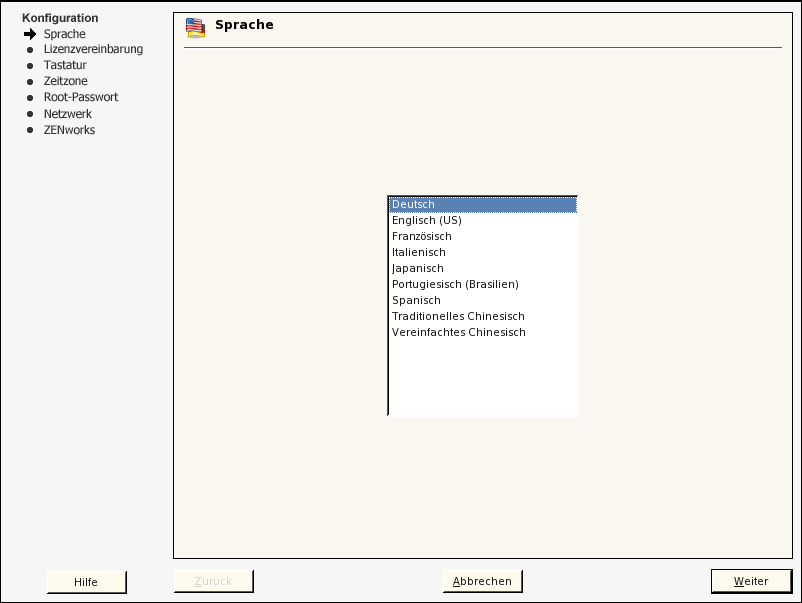 Konfigurationsassistent > Seite Sprache
