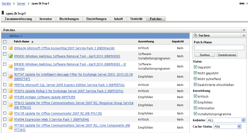 Auf das verwaltete Servergerät anwendbare Patches