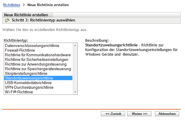 Seite „Richtlinientyp auswählen“ im Assistenten zum Erstellen neuer Richtlinien