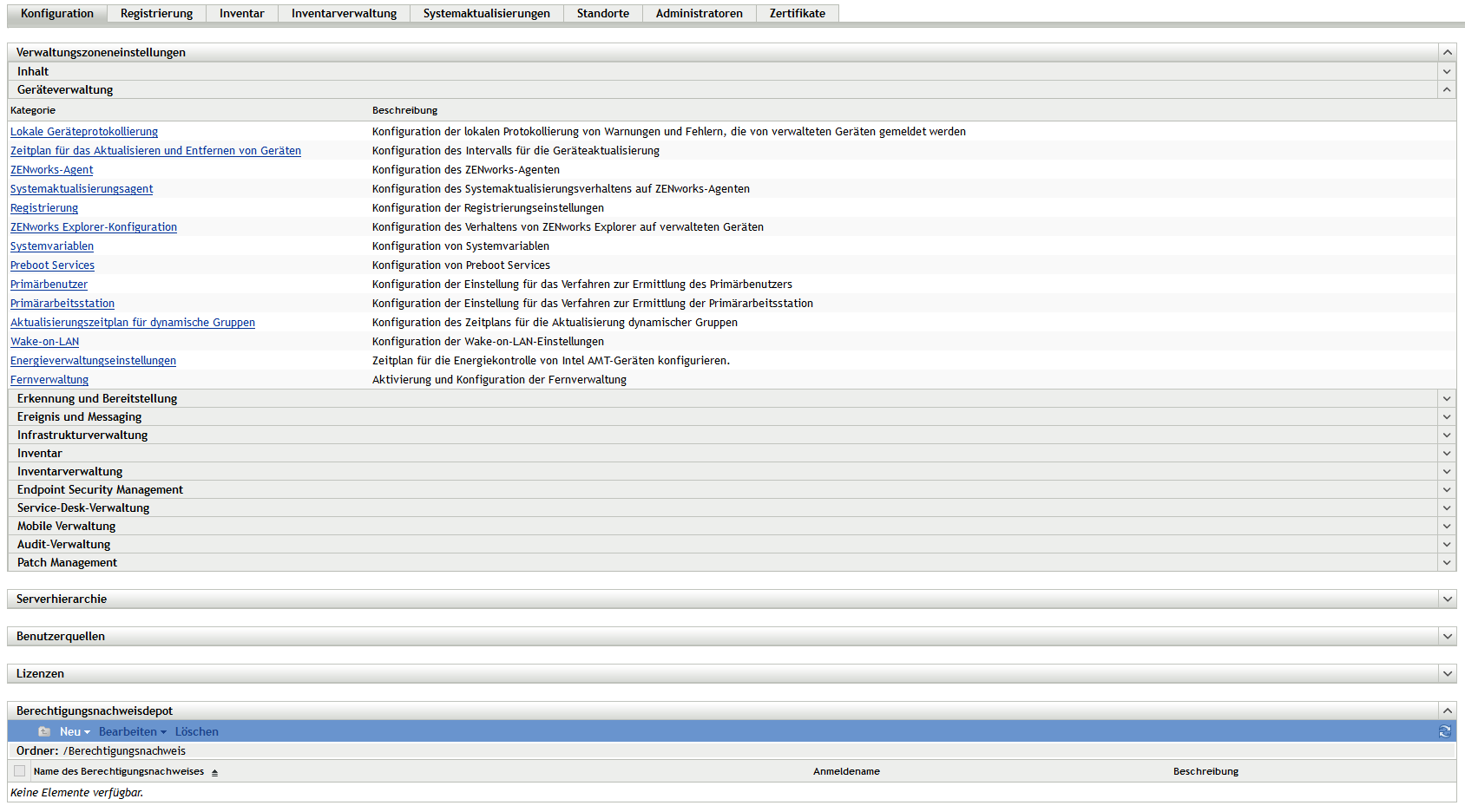 Kontrollleiste „Verwaltungszoneneinstellungen“ (Konfiguration > Registerkarte „Geräteverwaltung“)