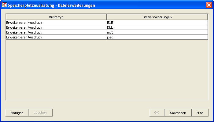 Tabelle "Speicherplatzauslastung - Dateierweiterungen"