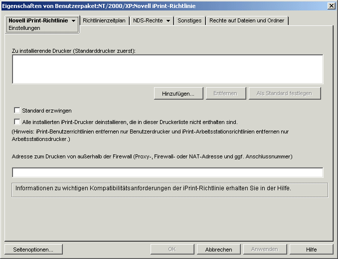 Die Seite "Einstellungen" der Novell iPrint-Richtlinie.
