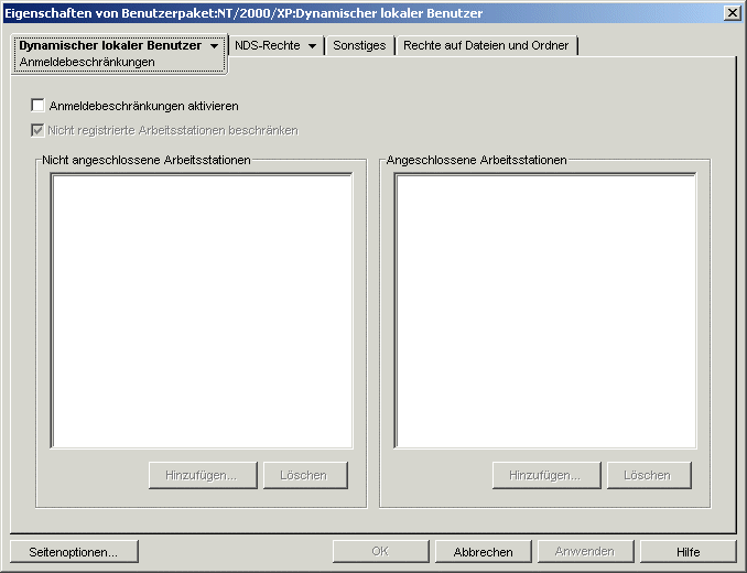 Die Seite "Anmeldebeschrnkungen" der Richtlinie fr dynamische lokale Benutzer.