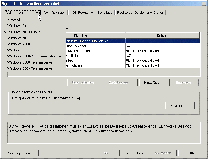 Die Eigenschaftsseite des Benutzerpakets mit den verfügbaren Plattformen.