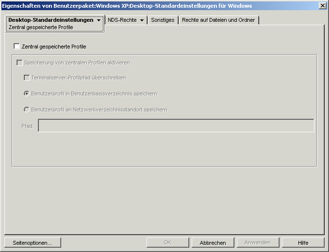 Die Seite "Zentral gespeicherte Profile" der Richtlinie der Desktop-Standardeinstellungen.