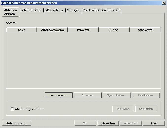 Die Seite "Aktionen" der Richtlinie fr geplante Aktionen.