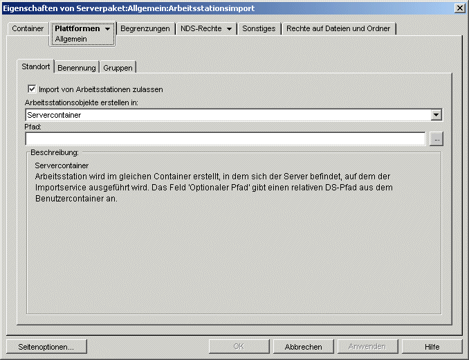 Die Seite "Standort" der Arbeitsstationsimport-Richtlinie.