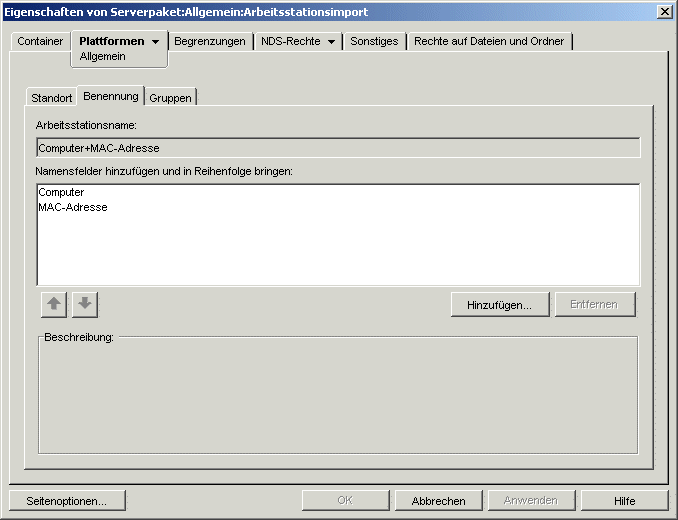 Die Seite "Benennung" der Arbeitsstationsimport-Richtlinie.