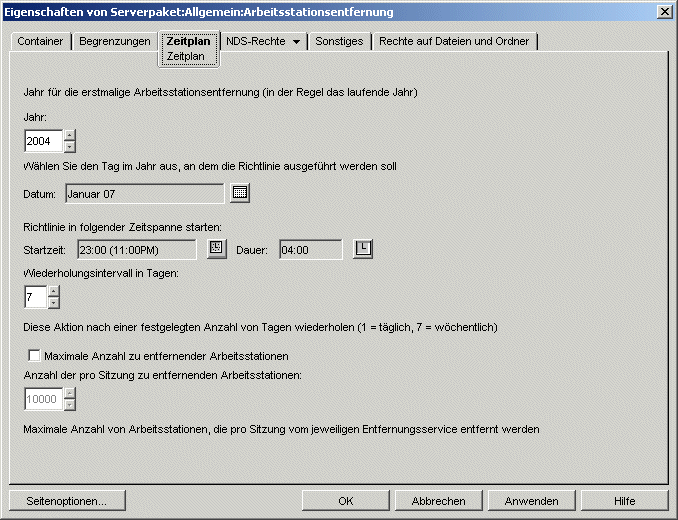 Die Seite "Zeitplan" der Arbeitsstationsentfernungs-Richtlinie.