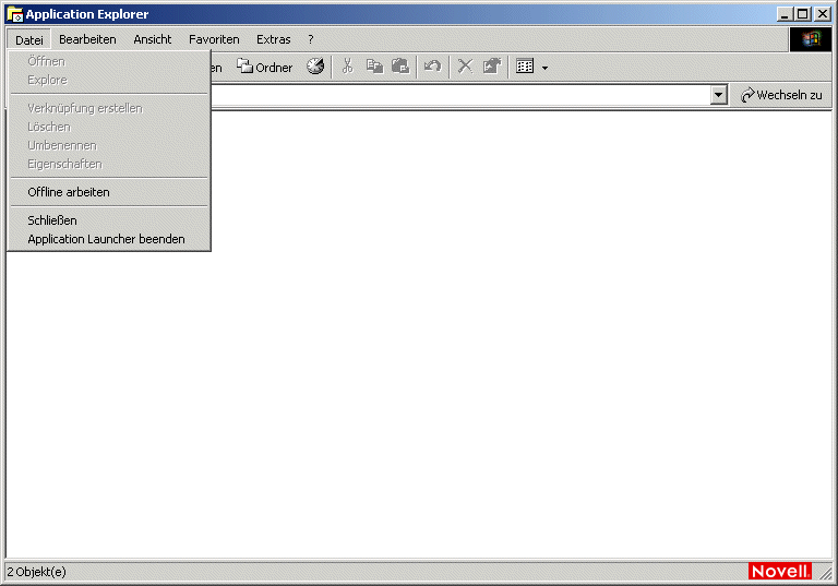 Application Explorer-Fenster mit der Option "Online arbeiten" im Men "Datei"