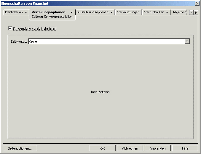 Seite "Zeitplan fr Vorabinstallation" des Anwendungsobjekts mit dem Zeitplantyp "Keine"