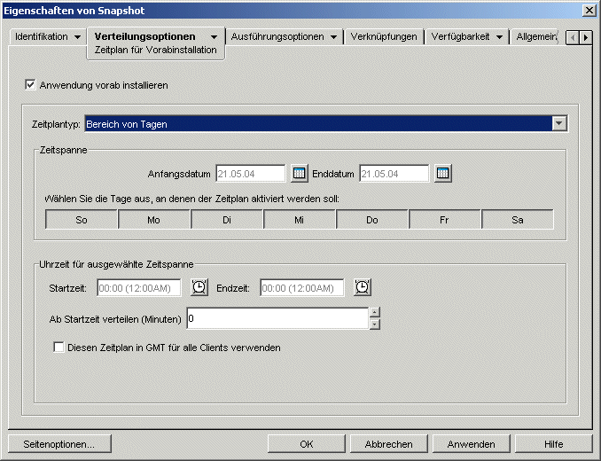 Seite "Zeitplan fr Vorabinstallation" des Anwendungsobjekts mit dem Zeitplantyp "Bereich von Tagen"