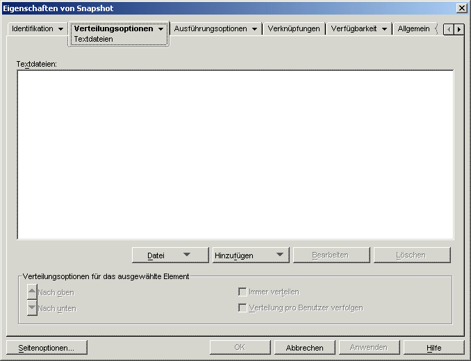 Anwendungsobjekt > Registerkarte "Verteilungsoptionen" > Seite "Textdateien"