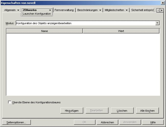 Seite "Launcher-Konfiguration" fr ein Containerobjekt